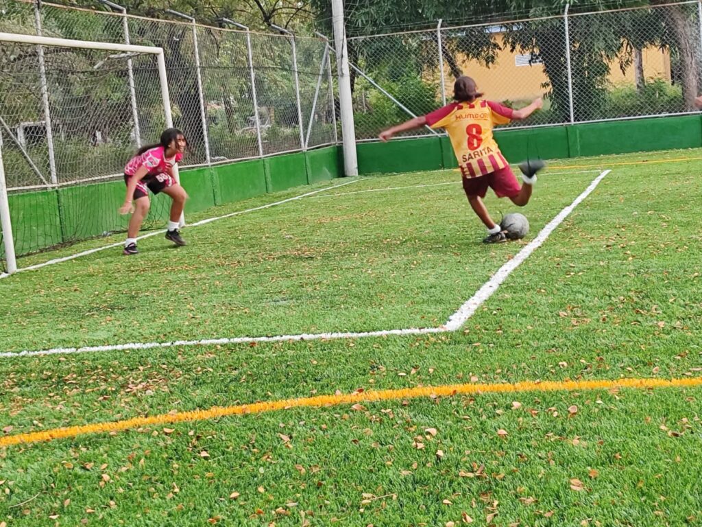 Tiro de balon a porteria de cancha sintetica