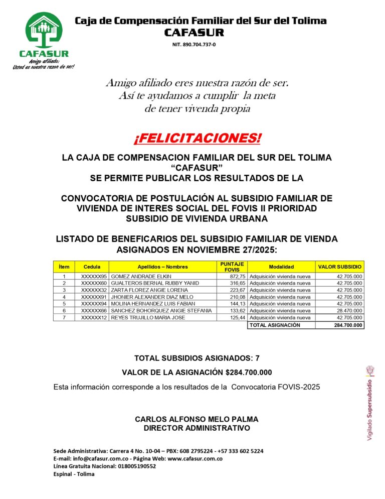 Resultado de convocatoria FOVIS 2025-1