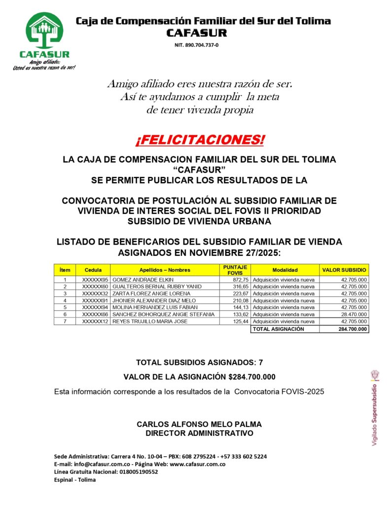 Resultado de convocatoria FOVIS 2025-1